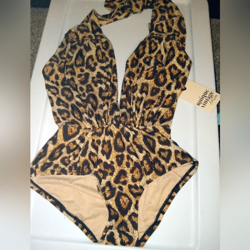 Unique Vintage Leopard Halter One Piece Small